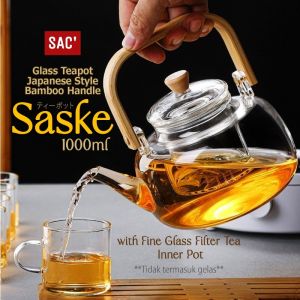 SASKE Glass Teapot Ketel Teko Teh Kopi Kaca 1 Liter Plus Saringan Gagang Kayu Teapot Teko Teh Kopi Jus Chinese Tea Tahan Panas Tutup Bambu Minimalis Aesthetic Estetik