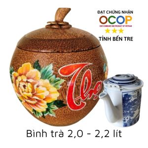 Bình ủ trà gỗ dừa cao cấp vẽ chữ Thọ / Tùy chọn bình trà 05 - 08 - 13 - 20 lít / Giữ ấm 3 - 5 giờ / Hàng đạt OCOP 3 sao tỉnh Bến Tre năm 2023 / Sản phẩm mỹ nghệ dùng làm quà đặc trưng xứ dừa Bến Tre