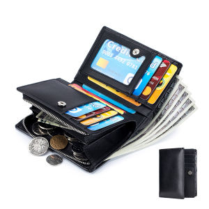 AEmenwallet Genuine leather short wallet with small zipper rfid New mens vertical business wallet