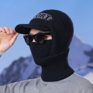 YESMILE Lớp cách nhiệt dày Mũ trùm đầu lót lông cừu Lót lông cừu Thiết kế Brim Mũ len trùm đầu Đan móc Bịt tai Mũ giữ ấm khi trượt tuyết Dành cho nam giới