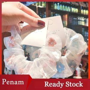 [PAM] New Organza Hair Rope Embroidery Flowers Forest System Scrunchies Ponytail Transparent Tulle Romantic Pink Blue Hair Accessories