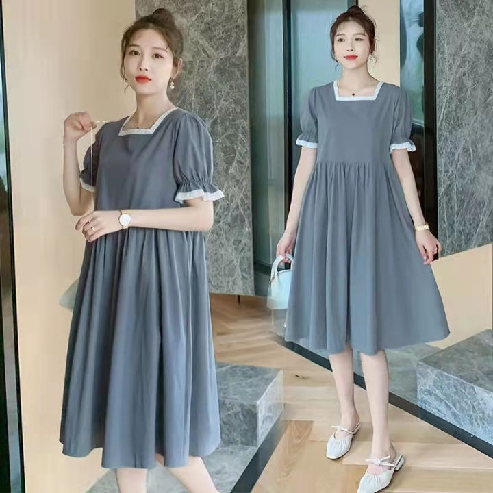 Ready Stock Women Long Dress Home Wear Summer Short Sleeve Big Size Korean Style Ladies Square Neck Loose Plain Casual Plus Size Grey Dresses Lazada