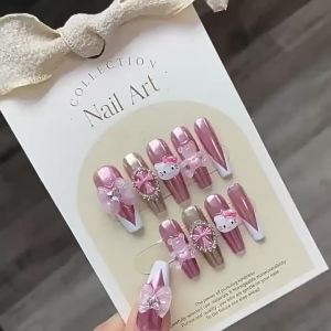 [HANDMADE]Artificial Nail Magic Mirror Pink Cartoon Cute Hello Kitty Hug Bear Crow Heart Cross Bow Phototherapy Nails Reusable  and Removable Nails