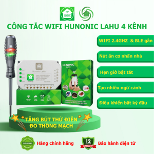 Công tắc Wifi Hunonic LAHU 4 kênh điều khiển từ xa trên điện thoại và giọng nói thích hợp lắp cho tủ điện tổng sử dụng các contactor đóng cắt