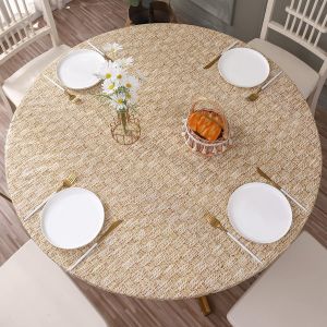 Round Fitted Tablecloth with Flannel Backing Elastic Edge Design PVC Table Cover Waterproof Oil-Proof Stain-Resistant Dining Table ClothCover