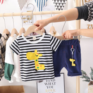 Childrens clothing striped giraffe short sleeve casual baby boy 2022 summer trend two-piece set