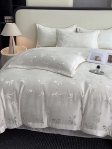 Summer Jacquard Washed Tencel Four-Piece Set with Bowknot Ice Silk Nude Sleep Silky Smooth Duvet Cover High-End Bedding Three-Piece Set LZD