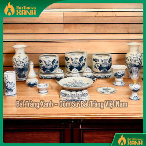 Bộ Đồ Thờ Ban Thờ 1m27 Men Rạn Họa Tiết Vẽ Hoa Sen Bát Tràng – Đầy Đủ Bát Hương Lộc Bình Chóe Kỷ Chén Đèn Dầu