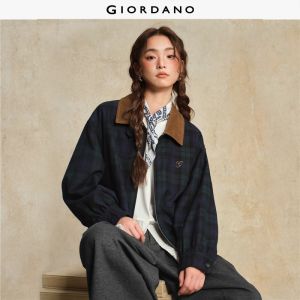 GIORDANO Women Jackets Corduroy Collar Spliced Plaid Jackets Letter Embroidery Trendy Fashion Casual Oversized Jackets 18375510