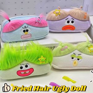 New Kawaii Large Capacity Storage Box Cartoon Fried Hair Ugly Doll Plush Pen Bag Student Stationery Creative Fun Makeup Bag Girl Gift