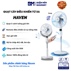 Quạt cây HAVEN chính hãng công suất 55W điều khiển từ xa 5 cánh gió mạnh hẹn giờ 24h motor 100% đồng bền bỉ bảo hành 2 năm