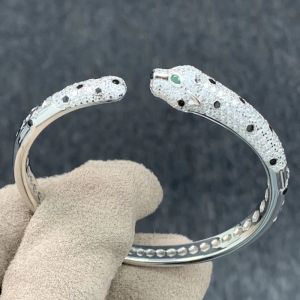 AYJEWELRY 925 Sterling Silver Black Spot Leopard Cuff Bangle Bracelets Emerald Green High Carbon Diamond Stone Panther Jewelry