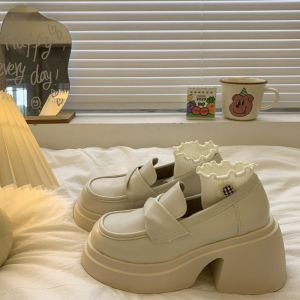 IELGY รองเท้าส้นหนาสไตล์ฝรั่งเศสสไตล์เรโทร ส้นหนา ส้นสูง สำหรับผู้หญิง