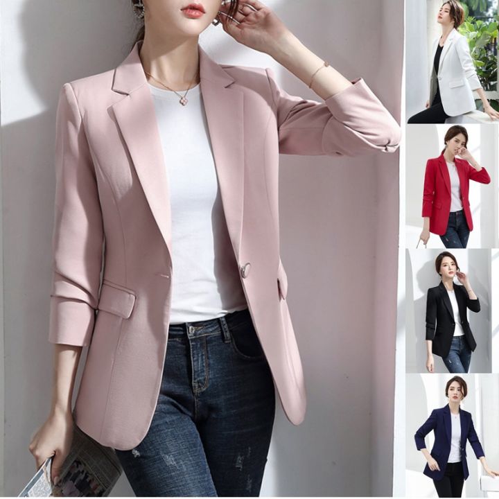 Plus Size S-3XL Women Blazer Jacket Spring Autumn Fashion Casual Elegant  Slim Business Formal Work Suit Office Lady OL White Black Pink Red Blue