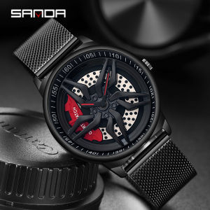 SANDA Car Wheel Watch Men Quartz Rotating Dial Mesh Steel Creative Rim Hub Wheel Military Waterproof Sport Wristwatch