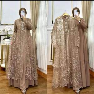 Gamis Set Outer Brokat Laksmi Dres Ceruty Babydoll Full Puring Mix Brukat Dress Kondangan Wanita Jumbo M L XL XXL 3XL Baju Seragaman Bridesmaid Elegan