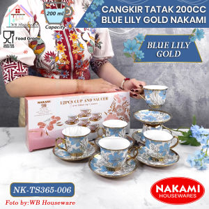 NAKAMI 6 pasang Cangkir motif pink lily gold / tea set cup and saucer porcelain / coffee set / kado gift