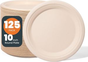 100% Compostable Plates Paper Plates 125-Count - Heavy Duty Biodegradable Plates Made of Bagasse - Eco Friendly and Sustainable (Natural 7 inch)