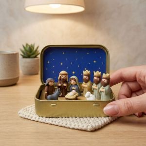 ZHONGMEET Metal Tin Box Mini Christmas Trough Set Hand Painted Holy Family Nativity Manger Scene Kit Portable Shepherd Animal Christmas Figurines Christmas Gifts