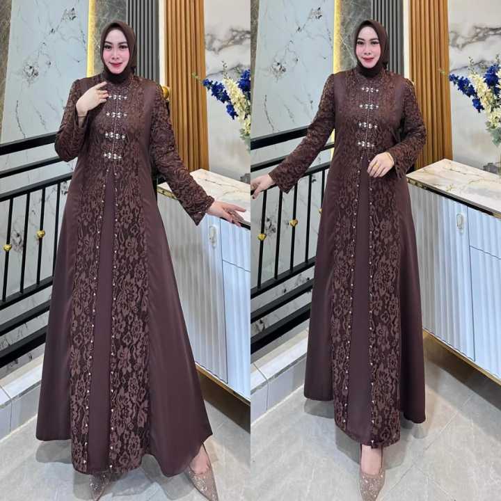 Baju gamis wanita Remaja Trendy coklat mahogani Motif Brukat terbaru 2026 Nazerra maxi Bahan velvet Premium gaun wanita Pesta Kondangan Cantik elegant Fashion modist bahan adem Bisa COD