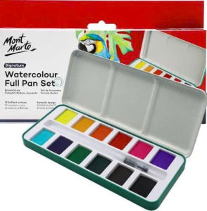 Mont Marte Signature Watercolor Full Pan Set 12 Vibrant Colors with Brush & Drawing Paper - Creative Artist Supplies