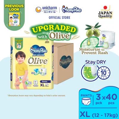 MamyPoko Standard Dry Absorb Olive Pants Baby Diapers XL40s (3 Pack) (12 - 17kg)