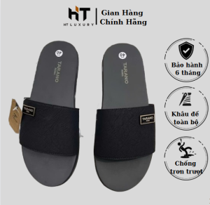 Dép nam quai ngang - chất liệu quai da đế cao su màu đen mác kim loại Tarano