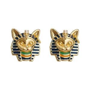 FIRST SONG Enamel Egyptian Style Stud Earrings Unique Zircon Cat Pharaoh Earrings Fashionable Jewelry Silver Ear Studs Hipster