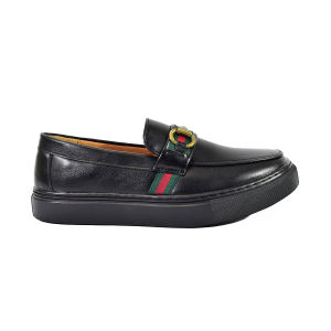 Mens Black Leather Loafers with Striped Detail MX 25304 -Casual Shoes C57