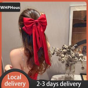 [COD] WHPHous Ship within 24 hours Elegant Red Streamer Large Bow Ribbon Hair Clip For Women Fashion Simple Solid Satin Ponytail Bow Hairpin Girls Hair Accessories