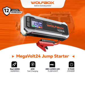 WOLFBOX 4000A 12V Car Jump Starter – 24000mAh Battery Pack for 10L Gas & Diesel Engines 65W Quick Charger LED Display Booster LED Light Portable Jumper Cables Included