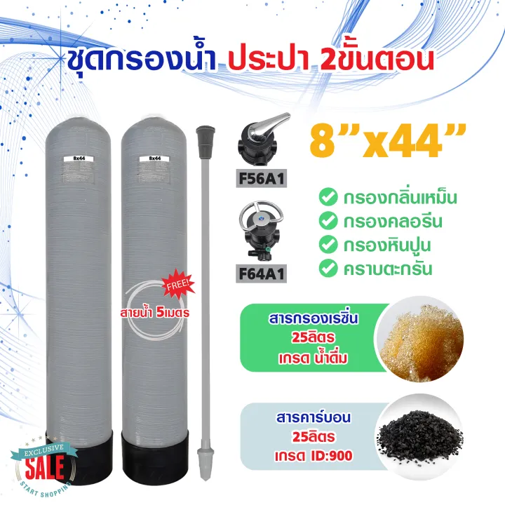 ถังกรองน้ำไฟเบอร์กลาส 8x44 นิ้ว 2 ขั้นตอน คาร์บอน เรซิ่น