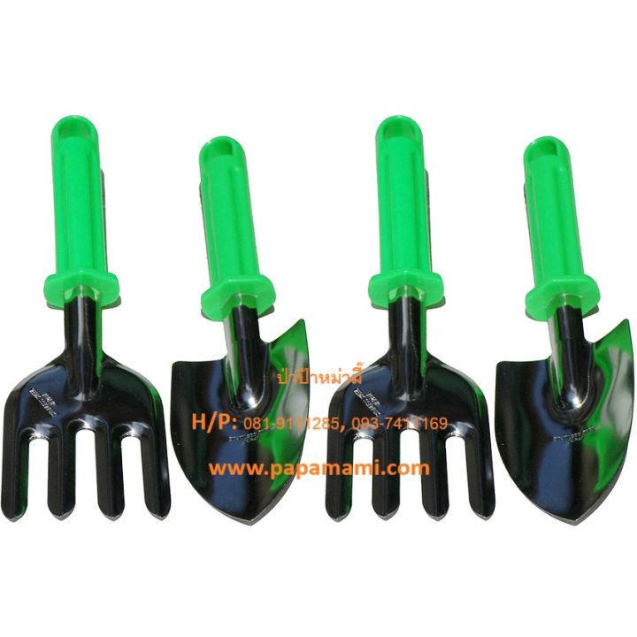 papamami ชุดส้อมกับช้อนปลูกสแตนเลสด้ามพลาสติกสีเขียวอ่อน 2 ชิ้น