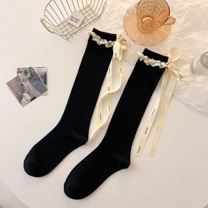 🧦KAK SHOPZ🧦ถุงเท้าน่องสำหรับผู้หญิง ถุงเท้าสูงพร้อมถุงเท้าโบว์ริบบิ้น DIY ถุงเท้าสูงถึงเข่าสไตล์ญี่ปุ่น JK ซ้อนถุงเท้าสูง