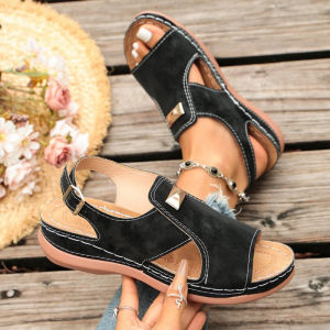 Free Shipping Khaki Faux Suede Wedge Sandals With Metal Buckle Open-Toe Design And Rear Strap For Added Grip. Comfortable And Stylish