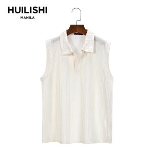 HUILISHI Korean hollow fashion mens waistcoat lapel sleeveless plain polo/T-shirt