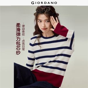 Giordano Beau Monde Women Contrast trim striped round neck sweater Free Shipping 13356816