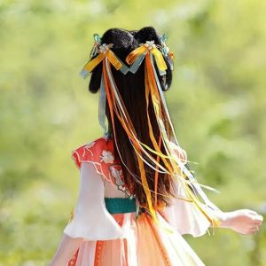 Dunhuang Style Ethereal Ribbon Streamer Hair Clips with Satin Bow Ancient Chinese Hanfu Hair Accessories for Girls Festival Gift