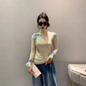 Ammin 2024 Áo Thun Dài Tay ngoại cỡ thời trang cổ bán cao đơn giản Xuân/hè áo thanh lịch in hoa bẩn thường ngày cho Nữ