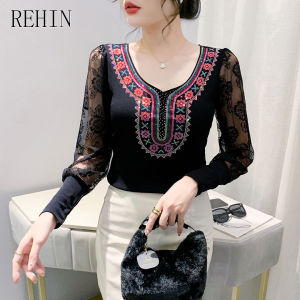 REHIN  Autumn New Fashion Luxurious Heavy Craft Rhinestone Lace Long Sleeve  T-Shirt  Slim Fit Elegant Womens Top