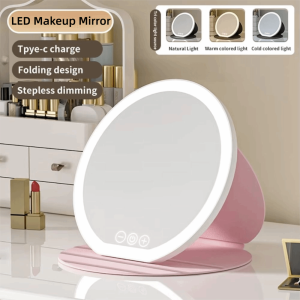 OMQAIO 3 Color LED LED Makeup Mirror Round Mirror Leather Case Portable Vanity Mirror Practical Touch Screen Lighted  Mirror Tabletop Use