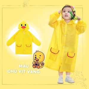 Áo Mưa Cho Bé Họa Tiết Hoạt Hình Poly Có Mũ 5 Mẫu Xe Hơi Ếch Thỏ Vịt Dâu Bo Chun Tay 2 Túi Trước