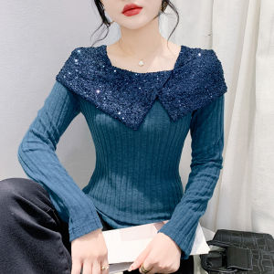 Yimei phong cách Hàn Quốc thời trang kim sa Ruffle cạnh dài tay áo len dệt cho phụ nữ mùa thu và mùa đông ôm vừa cổ vuông hàng đầu thanh lịch Áo phông sọc với tính khí