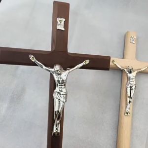 Handmade Wooden Cross With Stand Christ Statue Religious Prayer Charm Handheld Pendant Church Decor