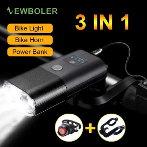 Newboler 1800 Lumen Smart Induction Bicycle Front Light Set USB Rechargeable 4000mAh LED Head Light with Horn Bike Lamp Cycling FlashLight