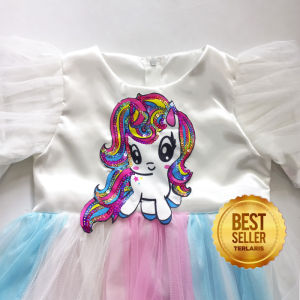 Dress Kuda Poni Anak Perempuan Import Usia 4 5 Tahun Gaun Ulang Tahun Unicorn Warna Pink Lucu Gemas Dress Muslim Anak Lengan Panjang Baju Unicorn Anak Perempuan 5 Tahun KA170