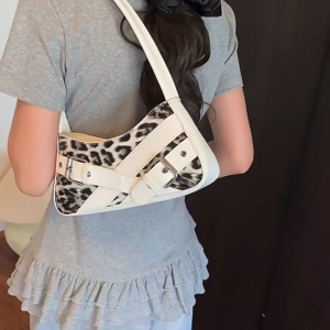 Women Bag Leopard Print Shoulder Bag Retro Handbag PU Leather Armpit Bag Commuting Bag Stylish Underarm Bag
