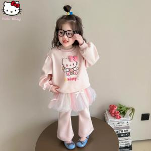 Christmas gifts Halloween 2Pcs Kawaii Girls Sanrio Pullover Hello Kitty Autumn New Anime Cartoon Fashion Sweet Casual Sweatshirt Pants Set Comfort Tops