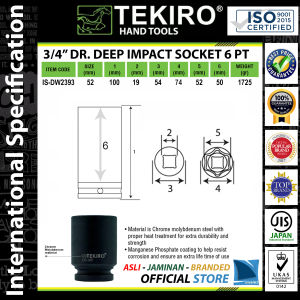 Mata Soket PANJANG PUKUL 52 ~ 65 mm 3/4" inch DR 6 PT / DEEP IMPACT Socket Sock Sok Spanner TEKIRO