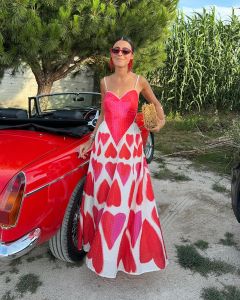 GY25163 European and American party vacation style jacquard plus print sweet and fresh love dress